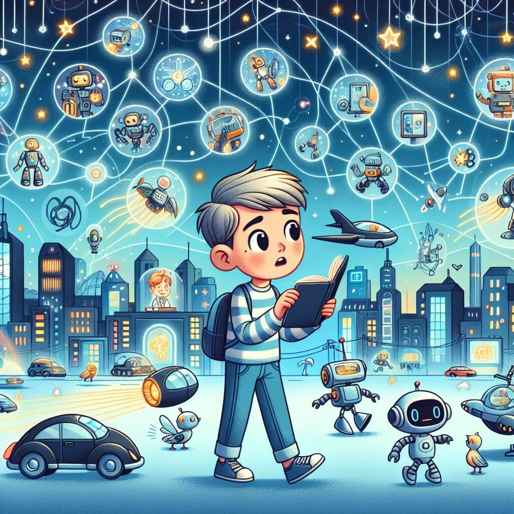 Une illustration destinée aux enfants représentant un jeune garçon curieux évoluant dans une ville futuriste remplie de voitures volantes, de robots serviteurs et d'écrans holographiques étincelants, tandis qu'il enquête sur la mystérieuse disparition des robots avec l'aide d'un scientifique excentrique.