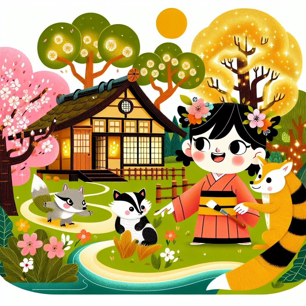 Une illustration destinée aux enfants représentant une femme bienveillante vivant dans une petite maison au bord d'une forêt mystérieuse au Japon, accompagnée de personnages magiques tels qu'un blaireau souriant et un renard malicieux, dans un paysage enchanteur avec des cerisiers en fleurs et des arbres dorés illuminant la forêt.