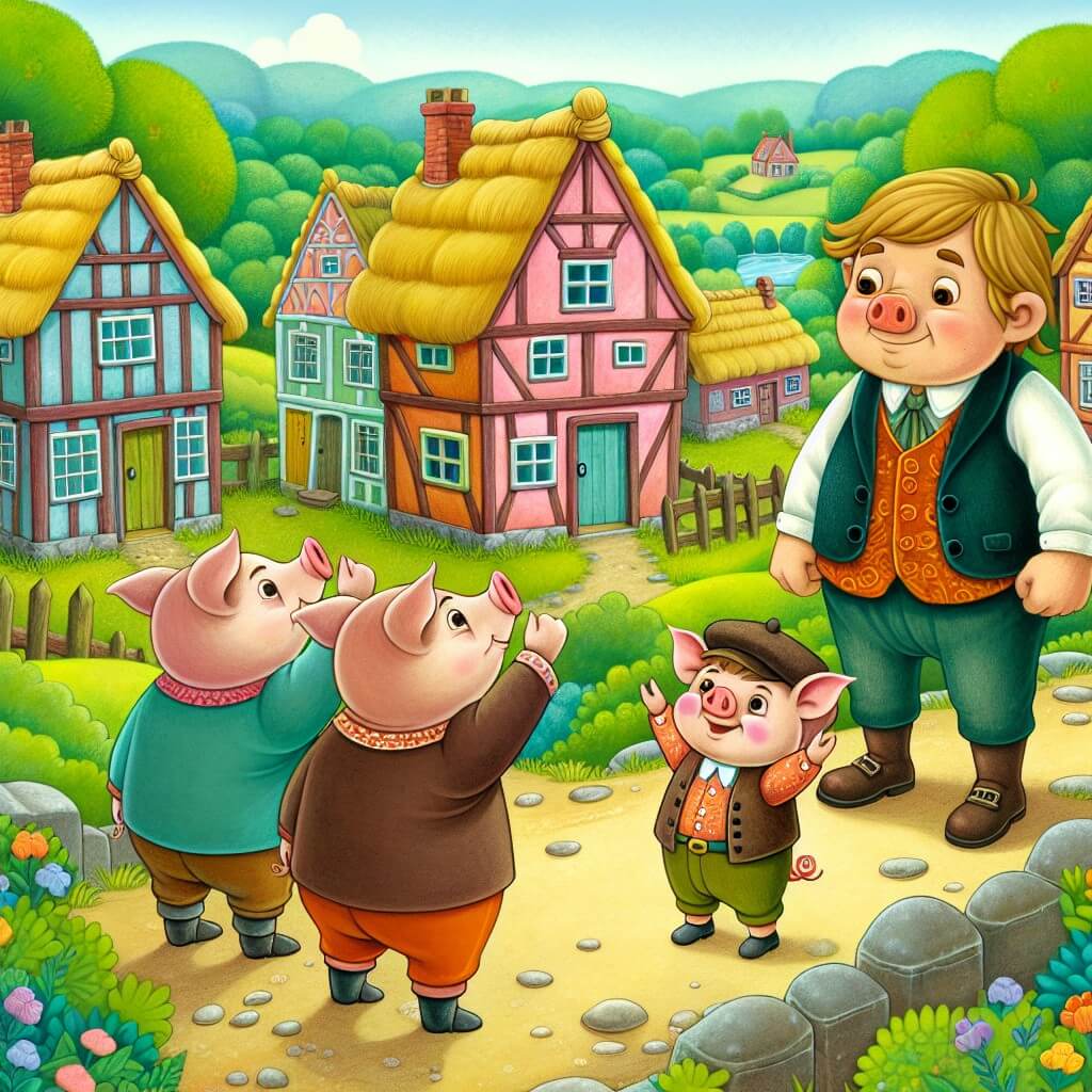 Une illustration destinée aux enfants représentant un adorable petit cochon, accompagné de ses deux frères, faisant face à un puissant promoteur immobilier, dans un village pittoresque entouré de verdure luxuriante et de maisons colorées en bois, paille et briques.