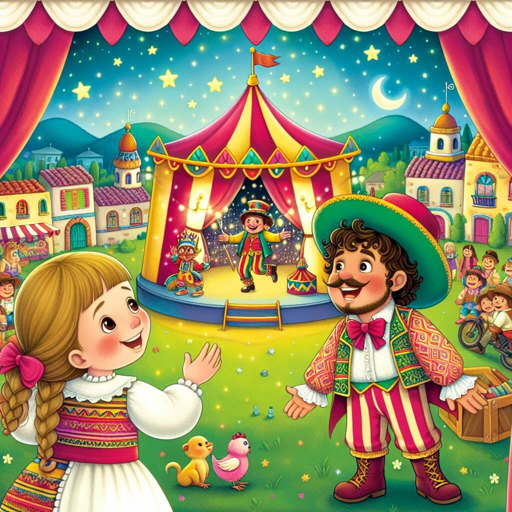 Une illustration destinée aux enfants représentant une petite fille émerveillée par un cirque coloré, accompagnée d'un jongleur talentueux, dans un chapiteau scintillant au cœur d'un village pittoresque.