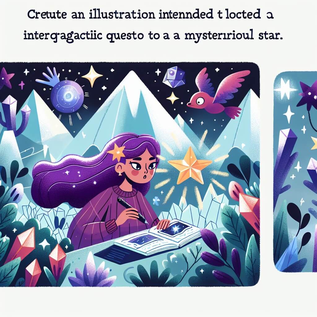 Une illustration destinée aux enfants représentant une jeune femme aux cheveux violets, plongée dans une quête intergalactique à la recherche d'une étoile mystérieuse, accompagnée de créatures magiques, dans un monde fantastique parsemé de montagnes de cristal scintillantes et de végétation luxuriante.