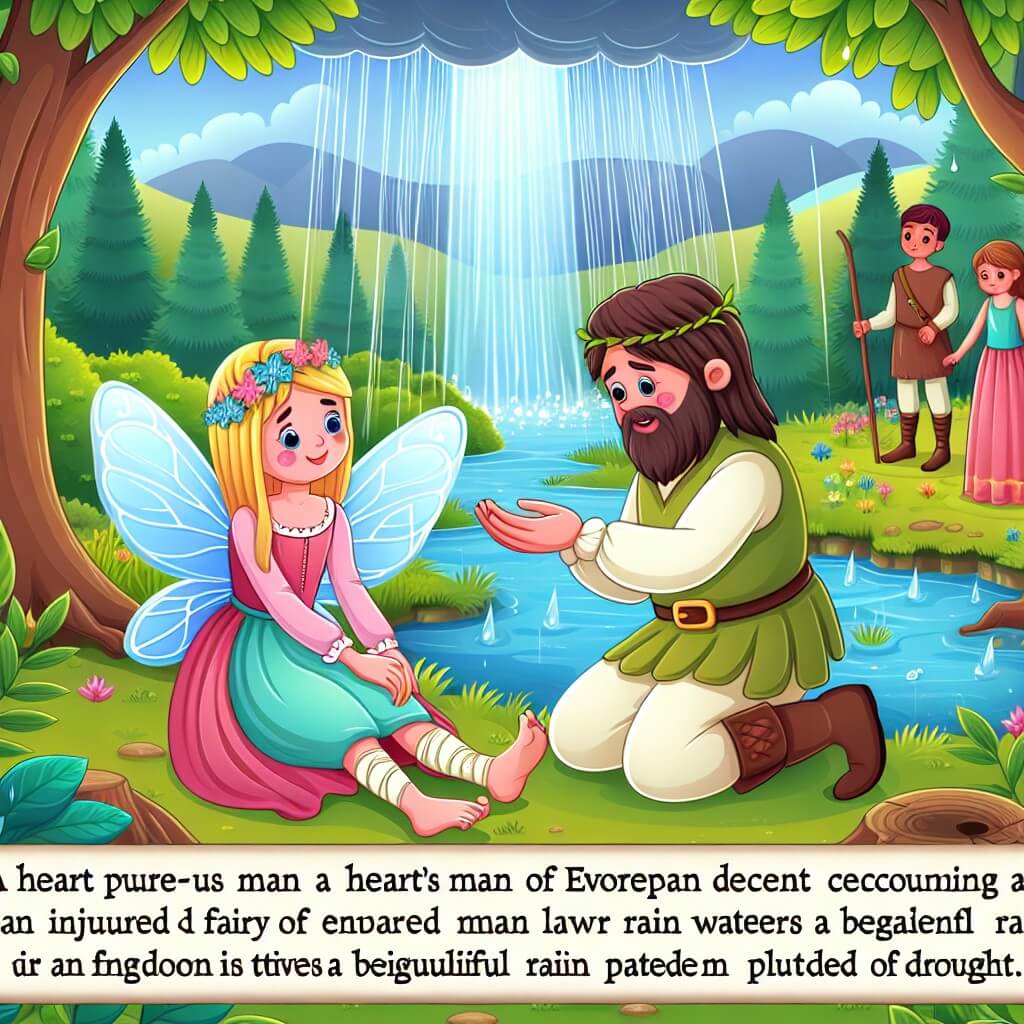 Une illustration destinée aux enfants représentant un homme au cœur pur, rencontrant une fée blessée dans une clairière enchantée au milieu d'une forêt luxuriante, alors qu'une pluie bienfaisante arrose un royaume en proie à la sécheresse.