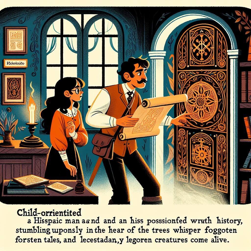 Une illustration destinée aux enfants représentant un homme passionné d'histoire, découvrant un mystérieux parchemin dans son bureau éclairé par une lampe à gaz, accompagné de Jeanne d'Arc, explorant des mondes fantastiques à travers une porte ornée de symboles mystiques, et se retrouvant au cœur d'une forêt dense et mystérieuse, où les arbres murmurent des histoires oubliées et les créatures légendaires prennent vie.