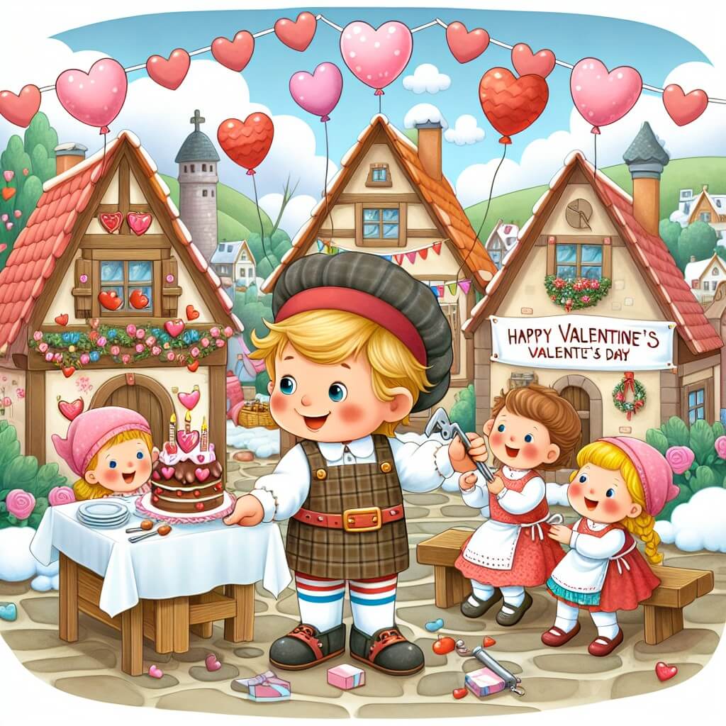 Une illustration destinée aux enfants représentant un petit garçon plein d'énergie qui organise une fête surprise de la Saint-Valentin avec ses amis dans un village pittoresque, où les maisons sont décorées de ballons et de guirlandes colorées.