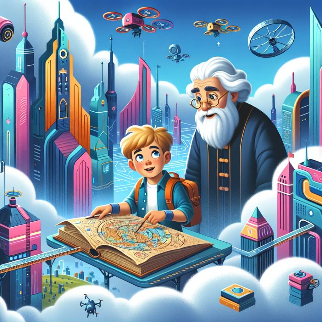 Une illustration destinée aux enfants représentant un jeune garçon curieux qui découvre une carte mystérieuse, accompagné d'un savant aux cheveux blancs, dans la Cité des Nuages, une ville futuriste avec des bâtiments colorés touchant le ciel, des passerelles suspendues et des drones volant dans tous les sens.
