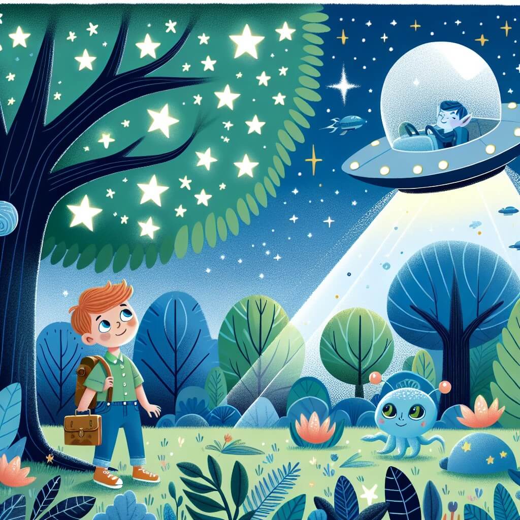 Une illustration destinée aux enfants représentant un homme rêveur observant les étoiles depuis son jardin, avant d'être transporté à bord d'une soucoupe volante vers une planète lointaine et mystérieuse, où il rencontre une petite créature bleue et explore une forêt enchantée aux arbres géants et aux feuilles brillantes comme des émeraudes.