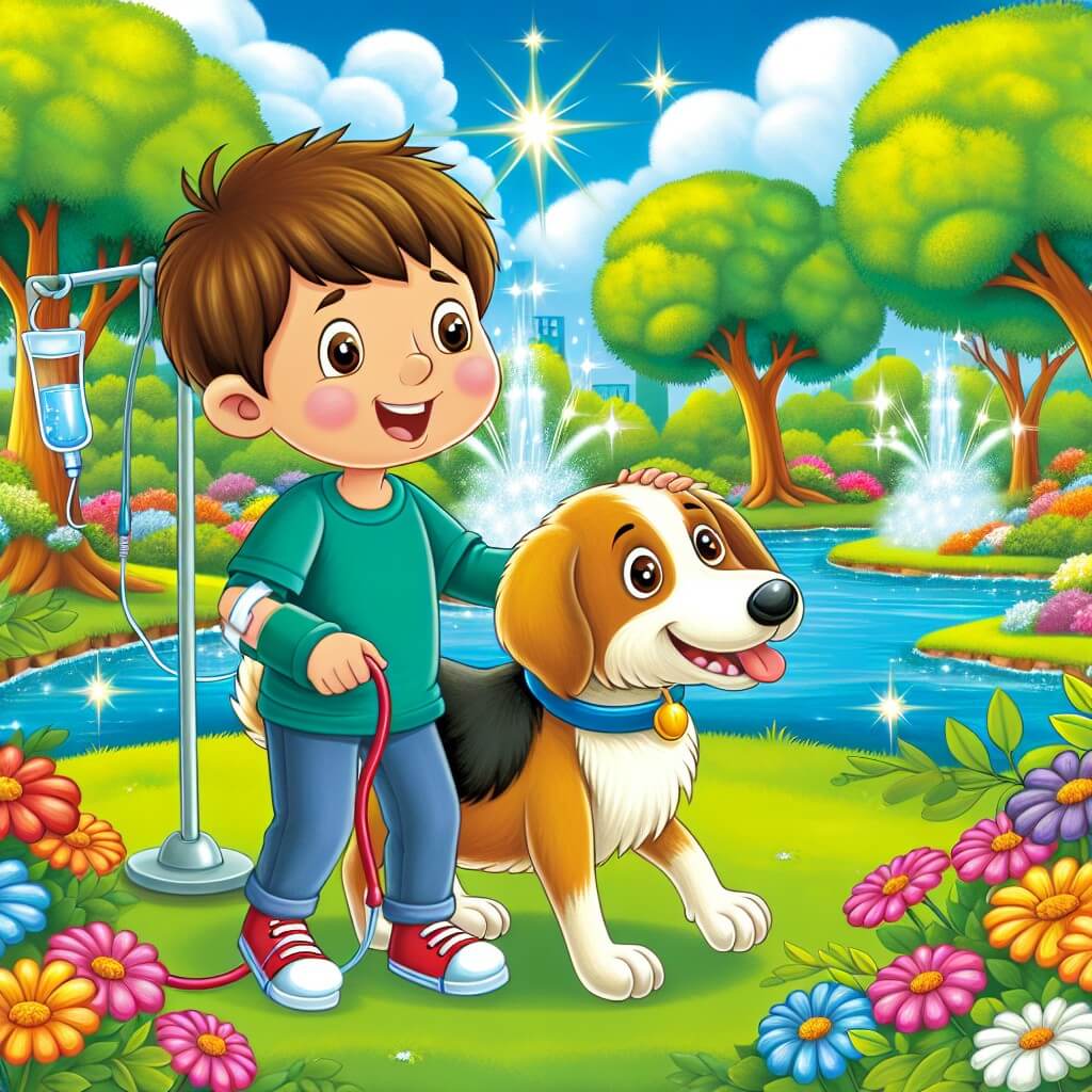 Une illustration destinée aux enfants représentant un petit garçon plein de vie, confronté à la maladie, accompagné d'un nouvel ami, dans un parc verdoyant avec des arbres majestueux, des fleurs colorées et un lac scintillant.