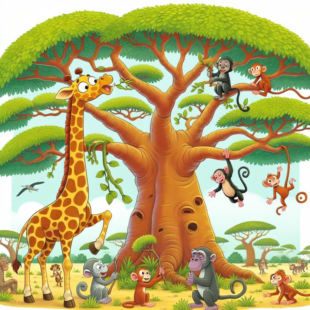 Une illustration destinée aux enfants représentant une girafe gourmande dans la savane africaine, accompagnée de ses amis animaux, découvrant un arbre géant aux feuilles d'acacia gigantesques, tandis que des singes jouent dans les branches d'un immense baobab.