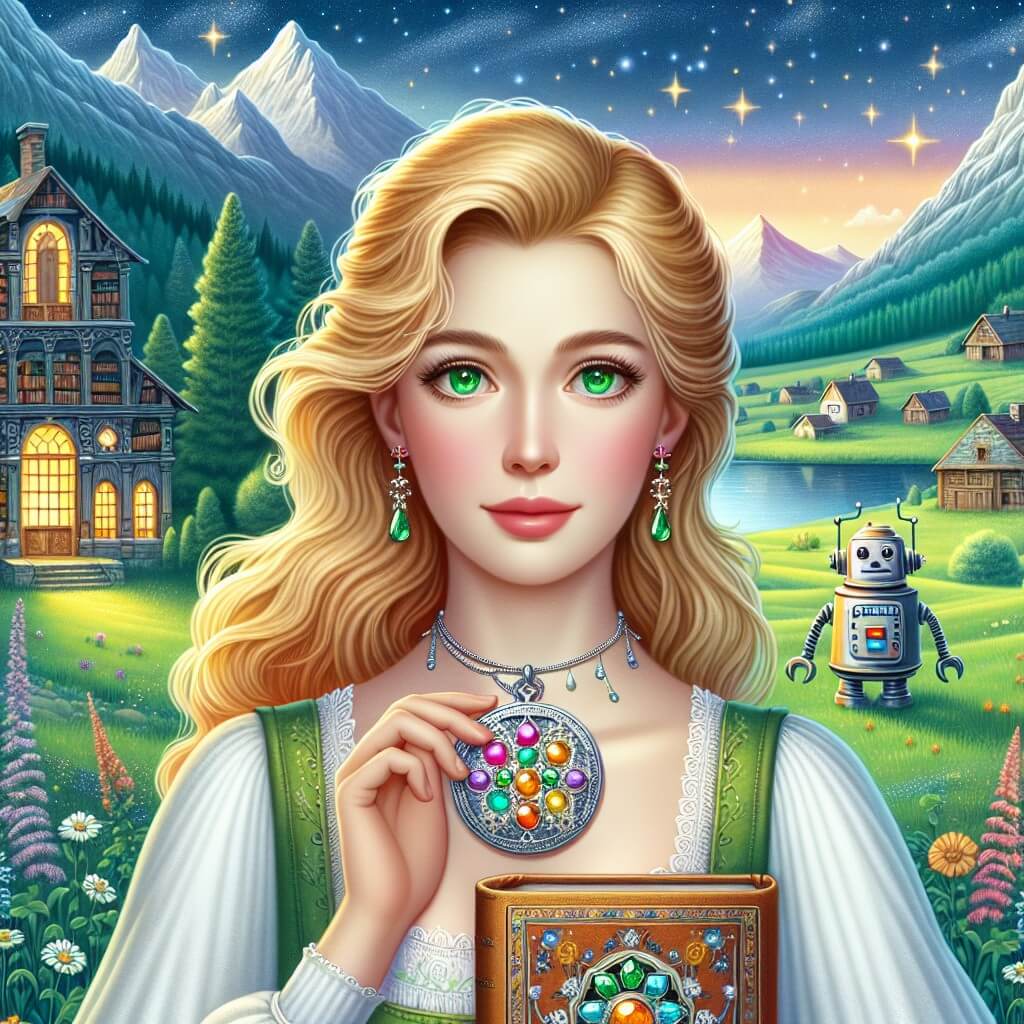 Une illustration destinée aux enfants représentant une femme aux cheveux dorés, les yeux verts émeraude, tenant un médaillon argenté orné de pierres précieuses multicolores, se tenant devant une vieille bibliothèque abandonnée, avec un petit robot compagnon à ses côtés, dans un village paisible entouré de champs verdoyants et de montagnes majestueuses, tandis que des étoiles scintillantes illuminent le ciel nocturne.