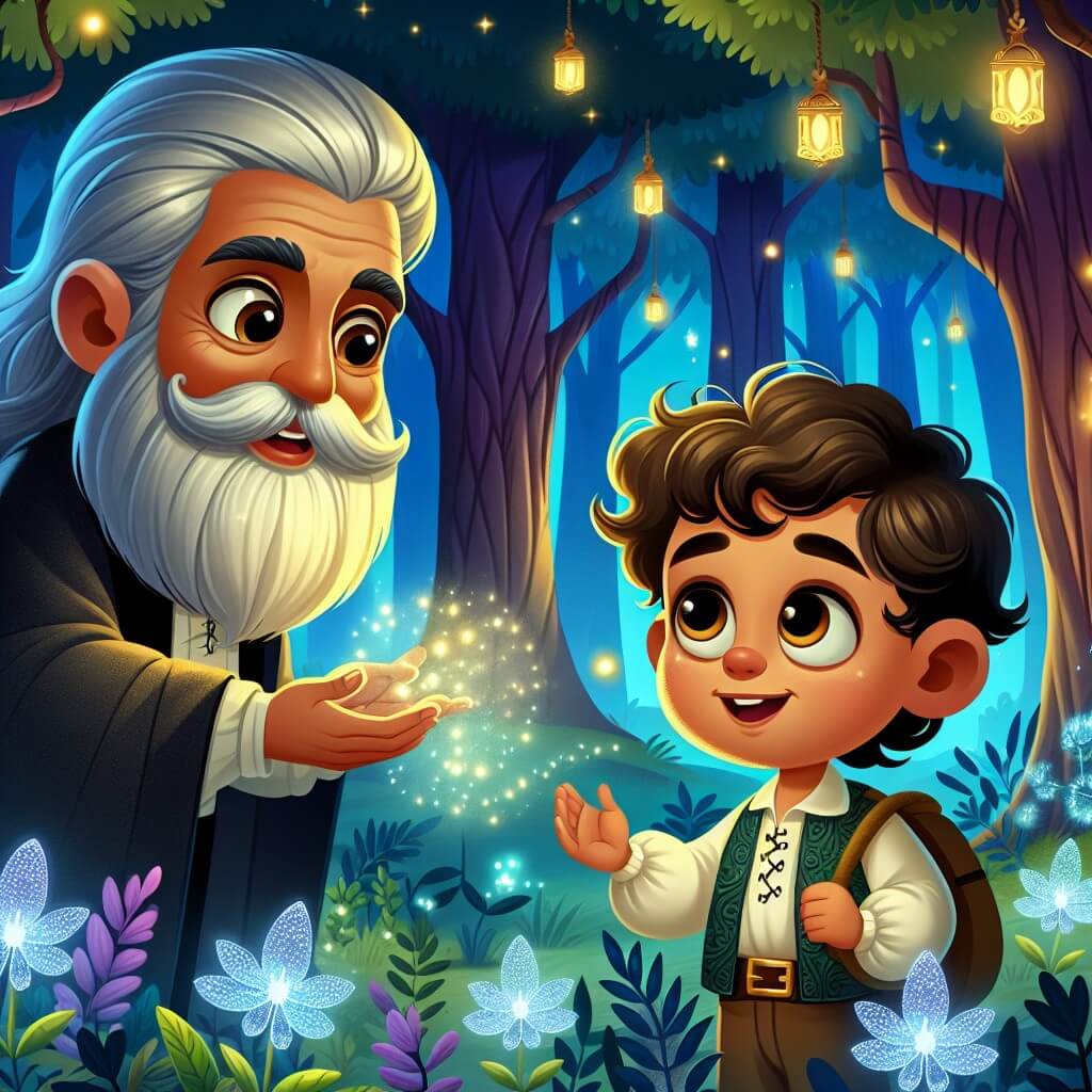 Une illustration destinée aux enfants représentant un petit garçon curieux et espiègle, accompagné d'un vieux magicien à la barbe grise, dans une forêt enchantée aux arbres majestueux et aux fleurs lumineuses.