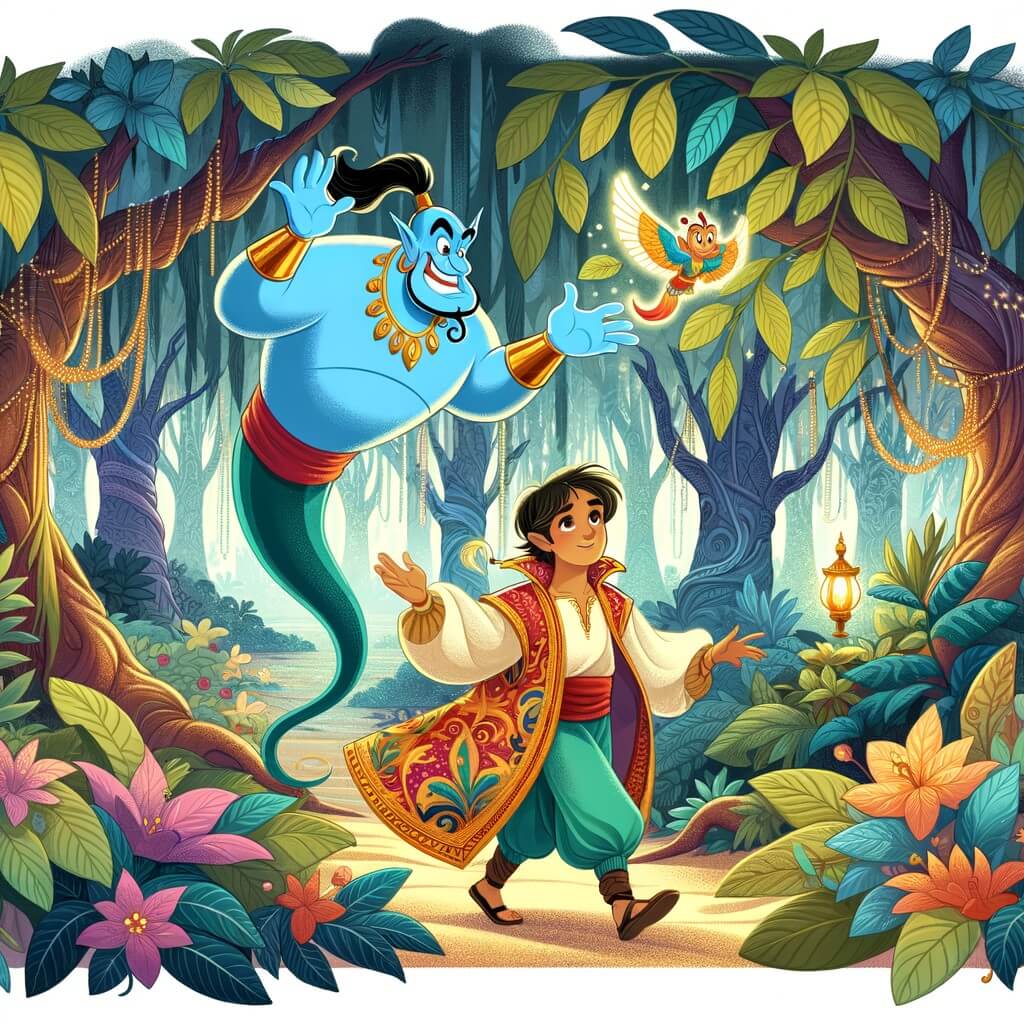 Une illustration pour enfants représentant un jeune héros malin et courageux qui se retrouve dans une situation comique et inattendue dans une forêt mystérieuse.