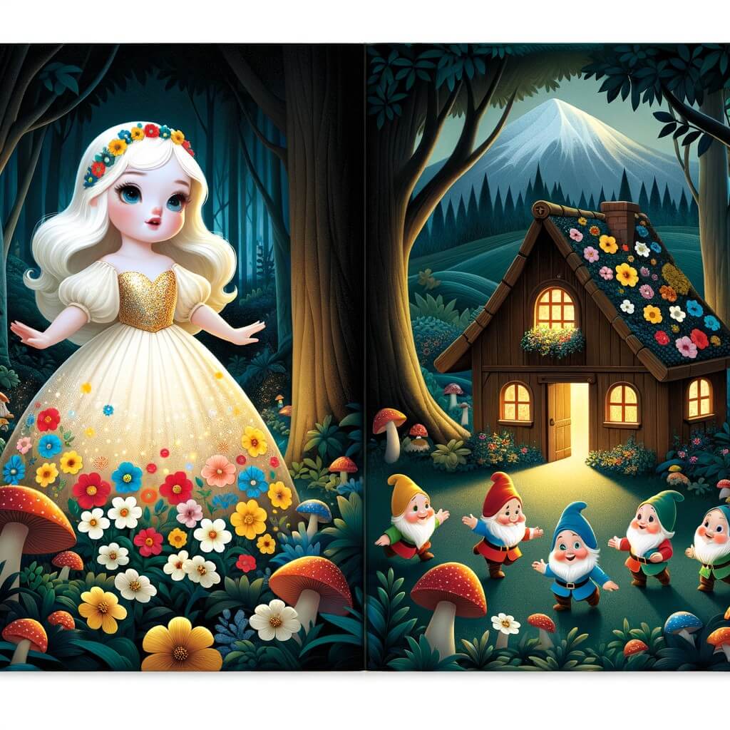Une illustration pour enfants représentant une jeune fille à la beauté éclatante, cherchant refuge dans une petite maison de sept nains maladroits, dans une grande forêt mystérieuse et dangereuse.