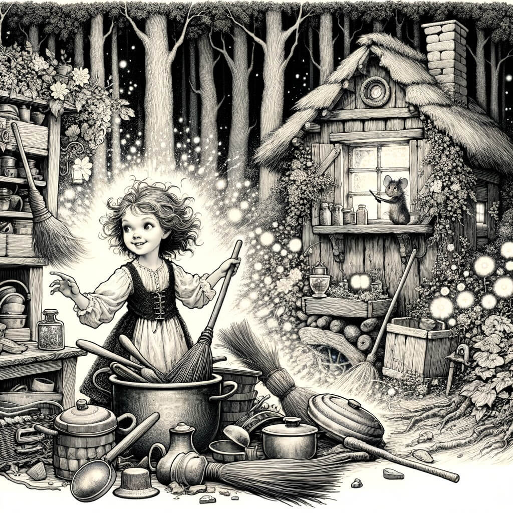 Une illustration pour enfants représentant une jeune fille aux vêtements usés, effectuant de nombreuses tâches ménagères dans une sombre demeure, située dans un royaume enchanté.