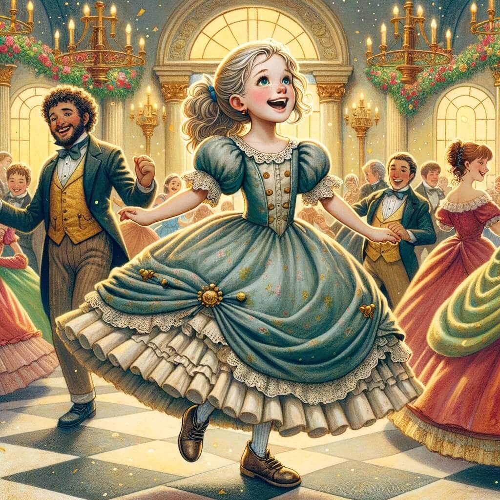 Une illustration pour enfants représentant une jeune fille aux vêtements défraîchis, en train de danser joyeusement dans un somptueux bal royal, qui se déroule dans un royaume enchanté.