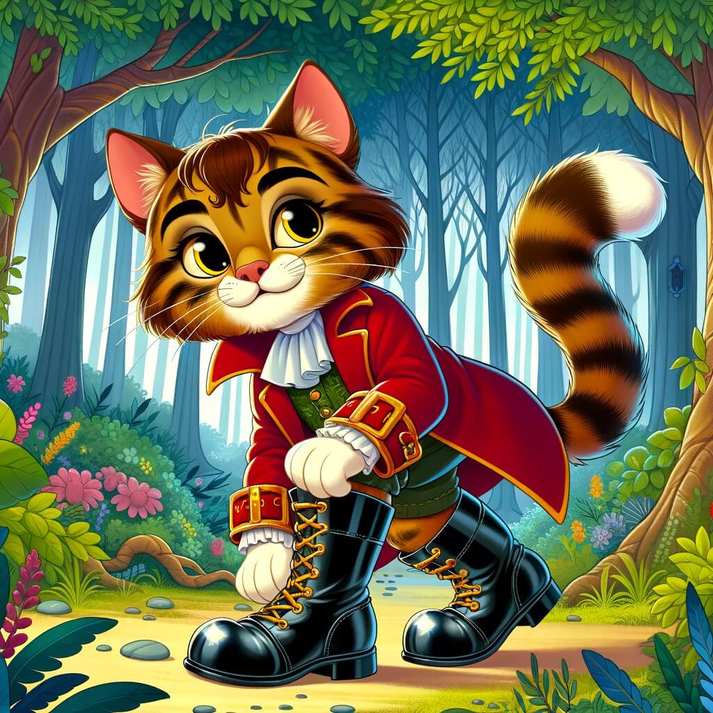 Une illustration pour enfants représentant un félin malicieux, vêtu de bottes brillantes, se retrouvant au cœur d'une forêt enchantée.