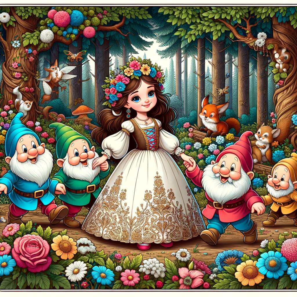 Une illustration destinée aux enfants représentant une jeune princesse orpheline, accompagnée de quatre nains farceurs, dans une forêt enchantée remplie de fleurs colorées, d'arbres majestueux et d'animaux curieux.