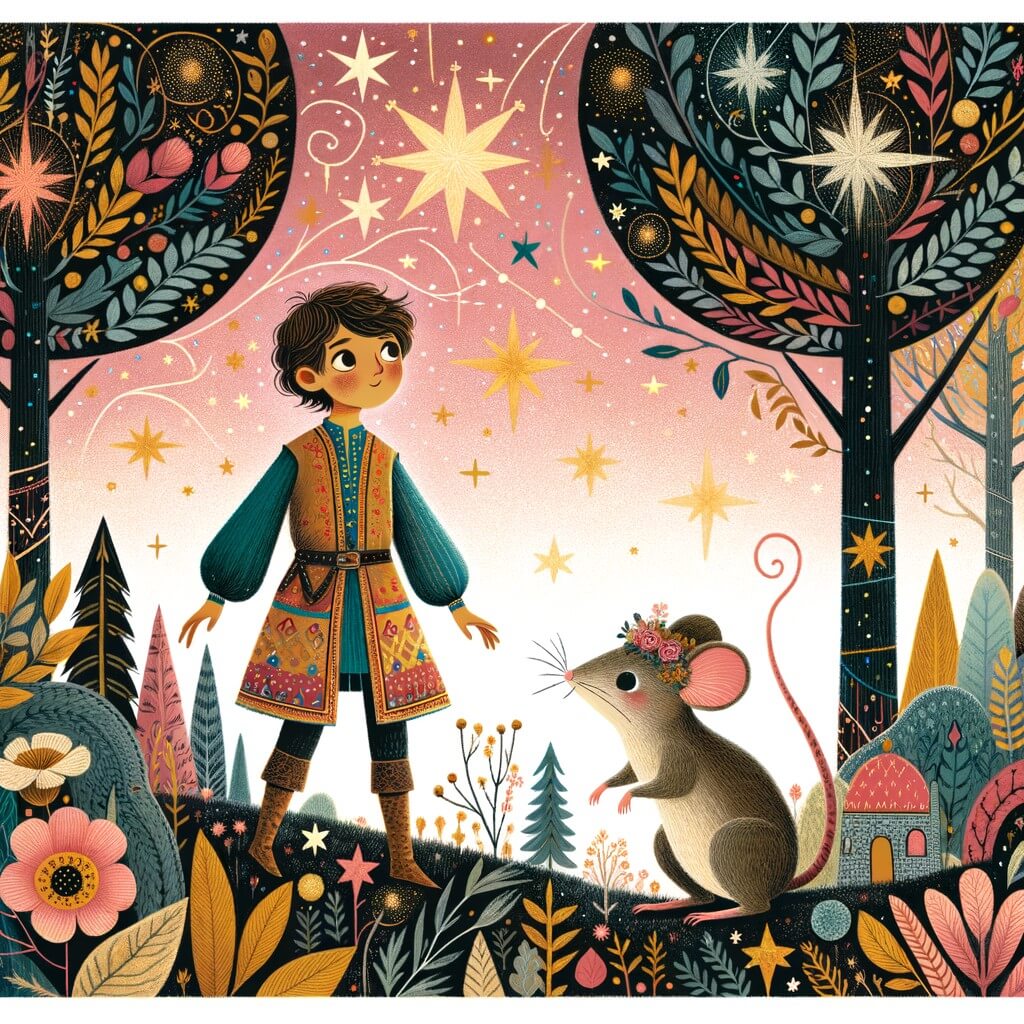 Une illustration pour enfants représentant un jeune aventurier des mille et une nuits qui rêve de trouver une lampe merveilleuse, dans un paysage de montagnes mystérieuses.