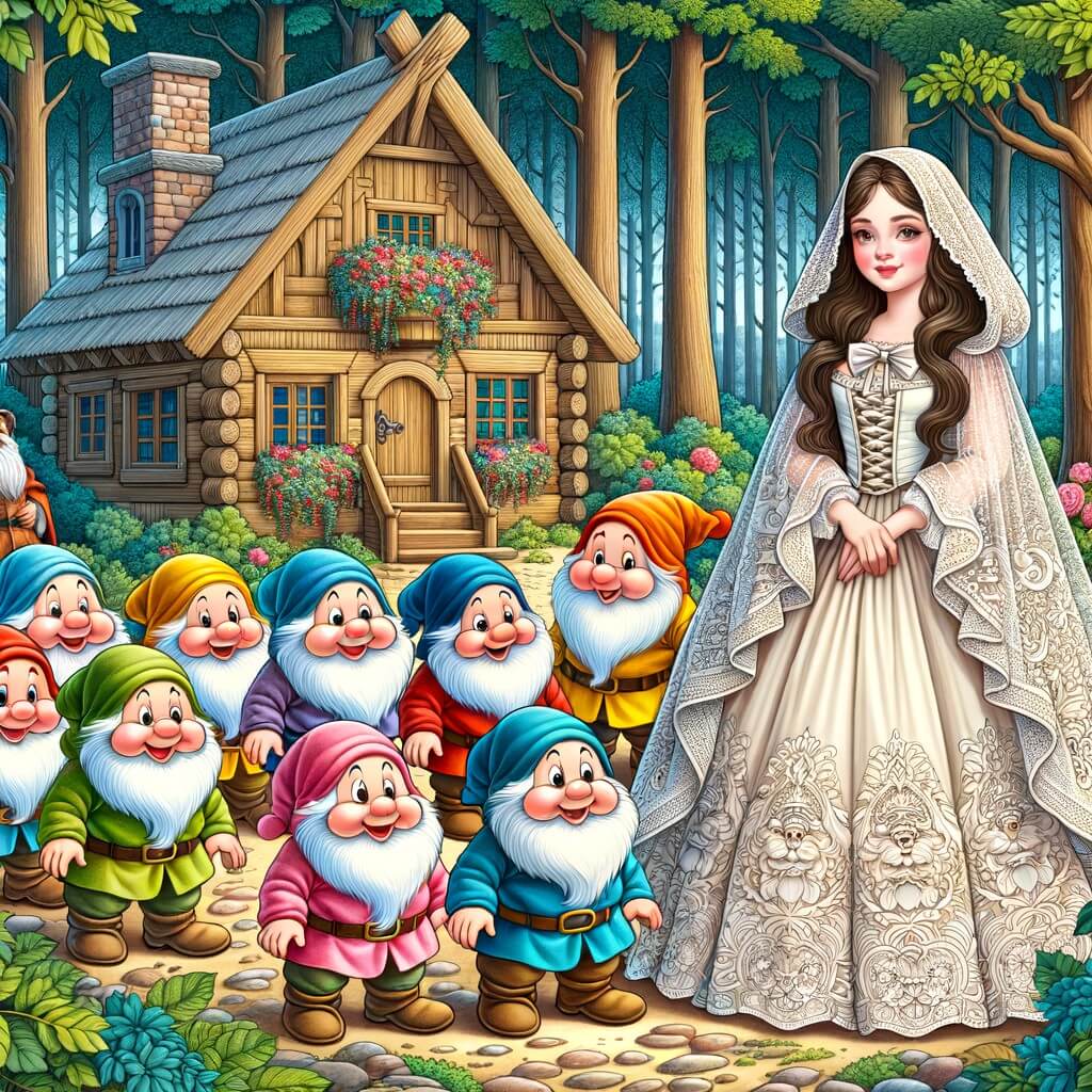 Une illustration destinée aux enfants représentant une jeune princesse au teint de porcelaine, entourée de nains joyeux, dans une charmante maison en bois au cœur d'une forêt enchantée.