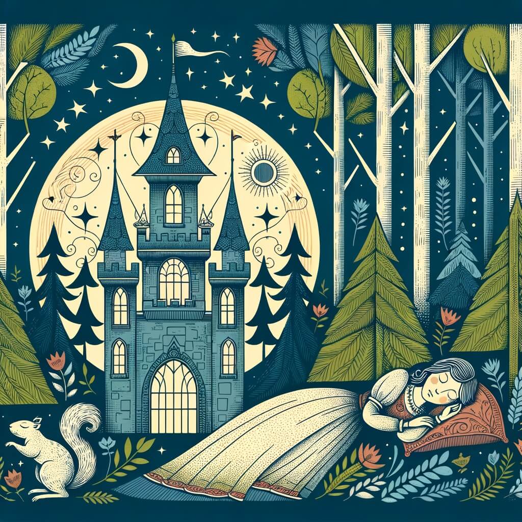 Une illustration destinée aux enfants représentant une princesse endormie dans un château ensorcelé, accompagnée d'un petit écureuil, dans une forêt enchantée où les arbres semblent danser au rythme des rayons de soleil.
