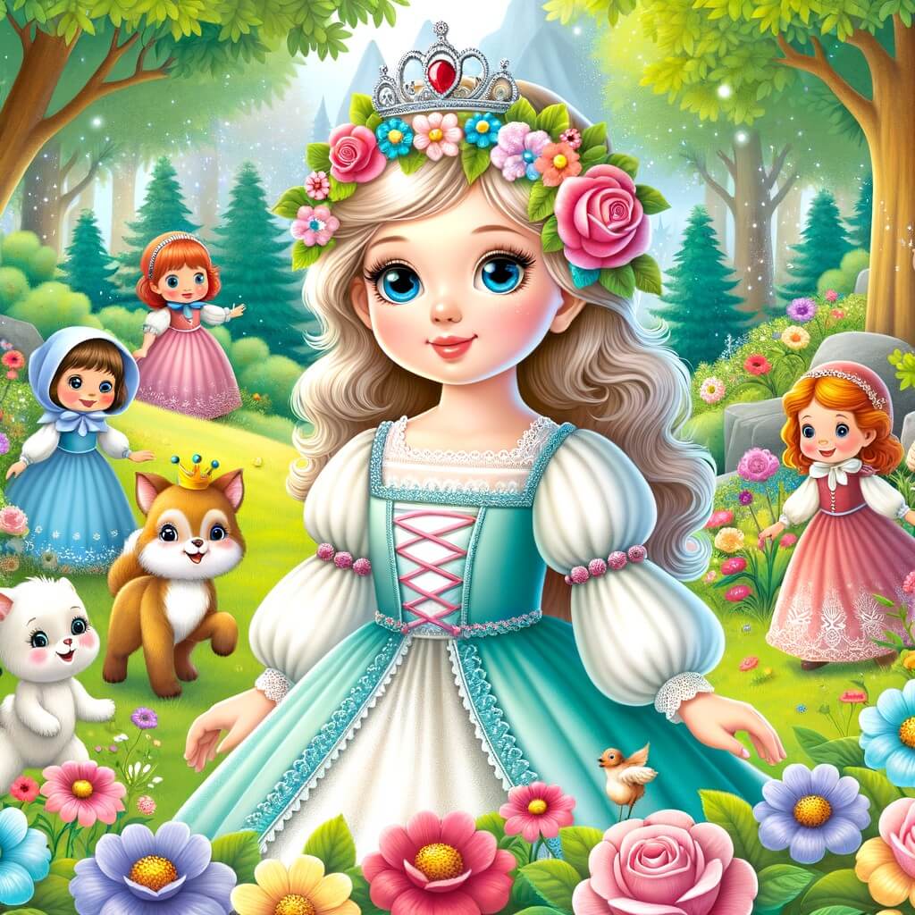 Une illustration destinée aux enfants représentant une jeune princesse au teint de porcelaine, se trouvant dans une forêt enchantée pleine de fleurs colorées, accompagnée d'une joyeuse troupe de petits animaux.