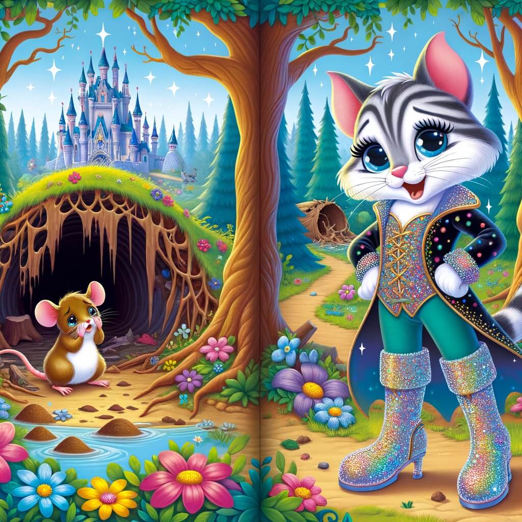 Une illustration destinée aux enfants représentant un félin malicieux, vêtu de bottes étincelantes, se trouvant face à une souris pleurant devant un terrier détruit, dans une forêt enchantée aux arbres majestueux et aux fleurs multicolores.