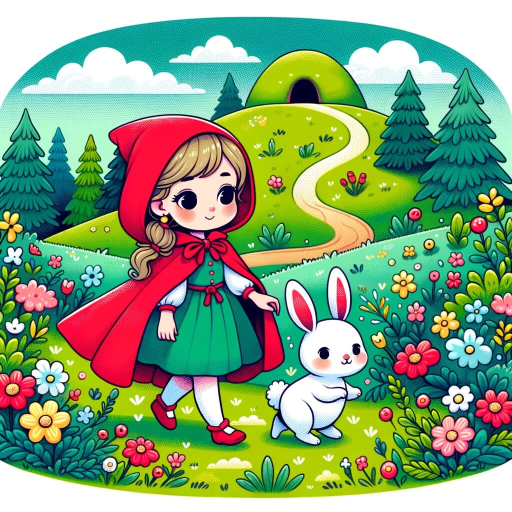 Une illustration pour enfants représentant une jeune fille en cape rouge, ayant échappé de peu aux crocs d'un loup, qui retrouve son chemin dans les vastes champs verdoyants qui entourent sa maison.