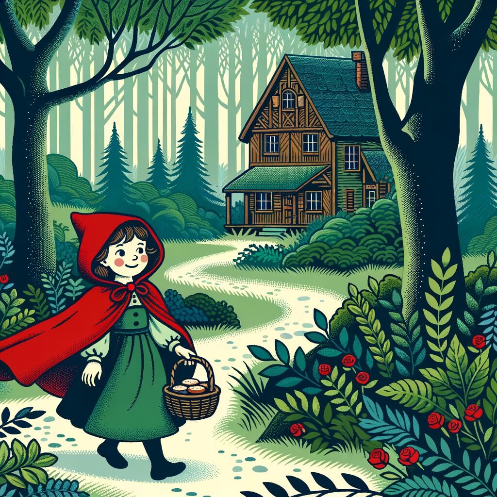 Une illustration pour enfants représentant une jeune fille vêtue d'une cape rouge marchant dans une forêt sombre et mystérieuse, où elle rencontre un loup rusé qui a d'autres intentions en tête.