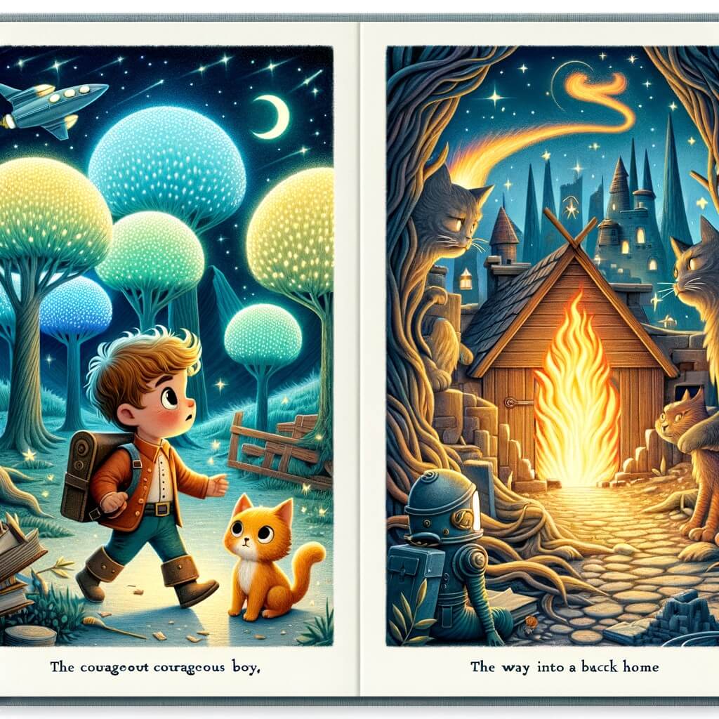 Une illustration pour enfants représentant un petit garçon malin et courageux, abandonné dans une mystérieuse forêt lumineuse, où il doit affronter un dragon pour trouver un moyen de rentrer chez lui.