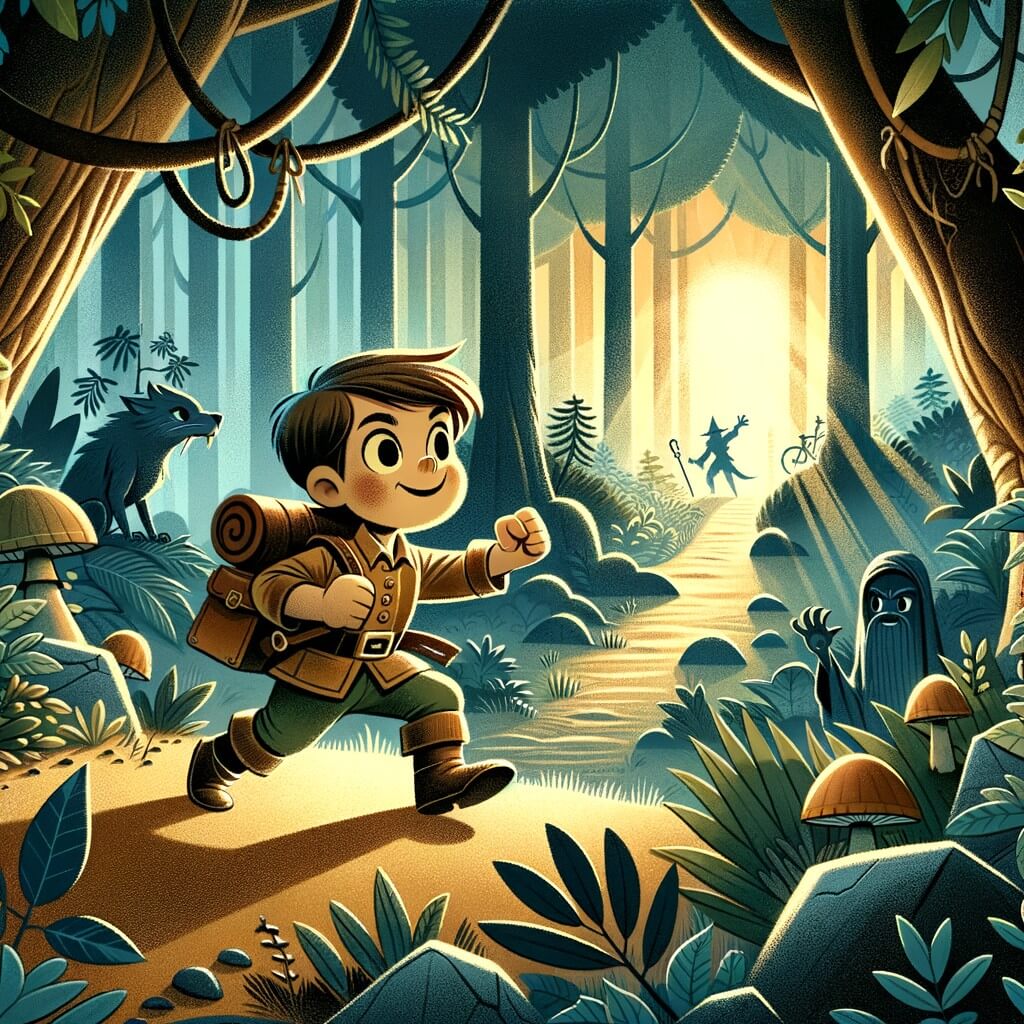 Une illustration pour enfants représentant un courageux minuscule aventurier, plongé dans une quête fantastique, au cœur d'une sombre et mystérieuse forêt enchantée.