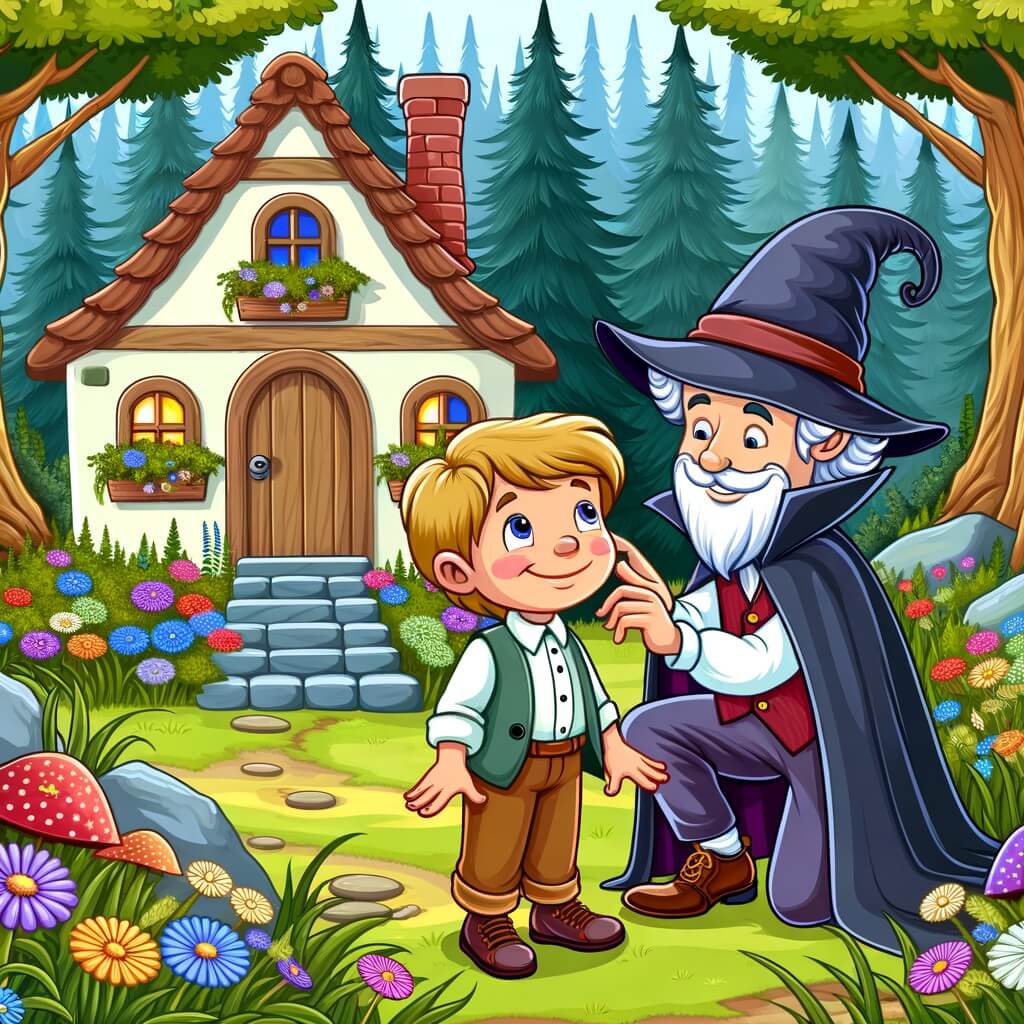 Une illustration pour enfants représentant un petit garçon malin et astucieux, abandonné avec ses frères dans une maisonnette au cœur de la forêt, où il va vivre une aventure comique avec un magicien étrange.