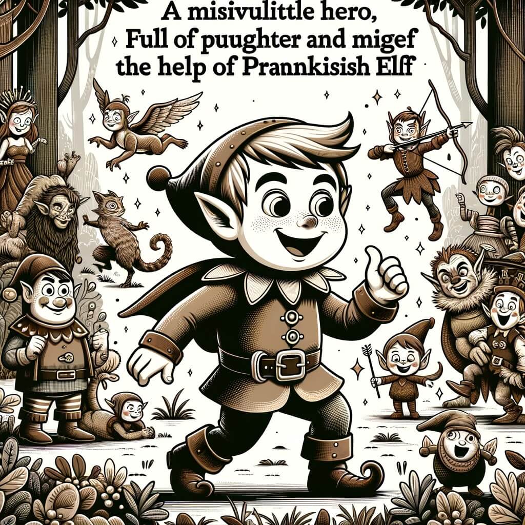 Une illustration destinée aux enfants représentant un malicieux petit héros, plein d'humour et d'espièglerie, se trouvant dans une forêt enchantée peuplée de créatures magiques, prêt à répandre le rire et la joie avec l'aide d'un lutin farceur.