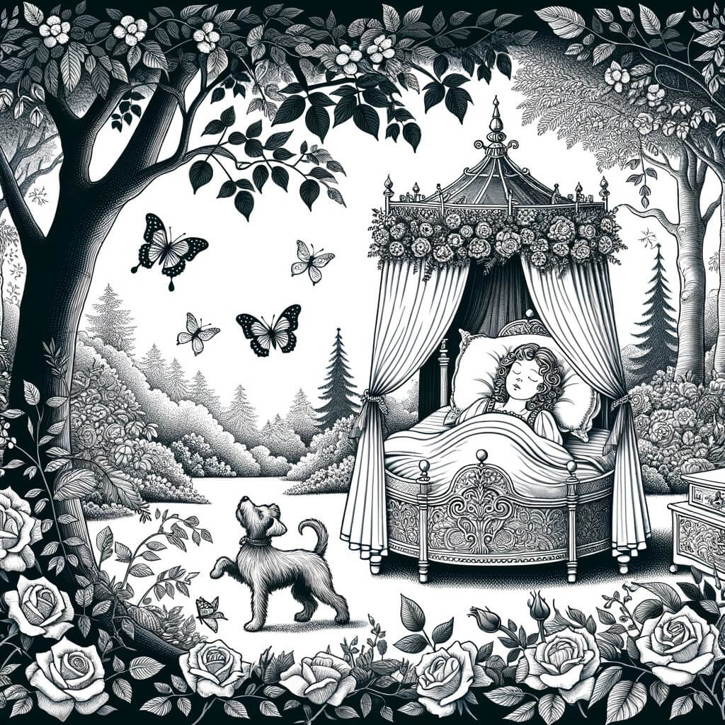 Une illustration pour enfants représentant une jeune princesse endormie, attendant son prince charmant, dans un château ensorcelé de la forêt enchantée.