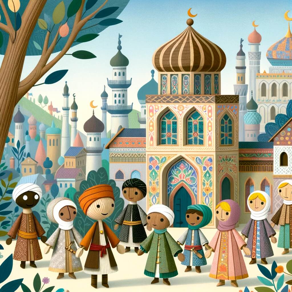 Une illustration pour enfants représentant un petit farceur en bois, embarqué dans une série de parodies de contes de fées, se déroulant dans un village enchanté.