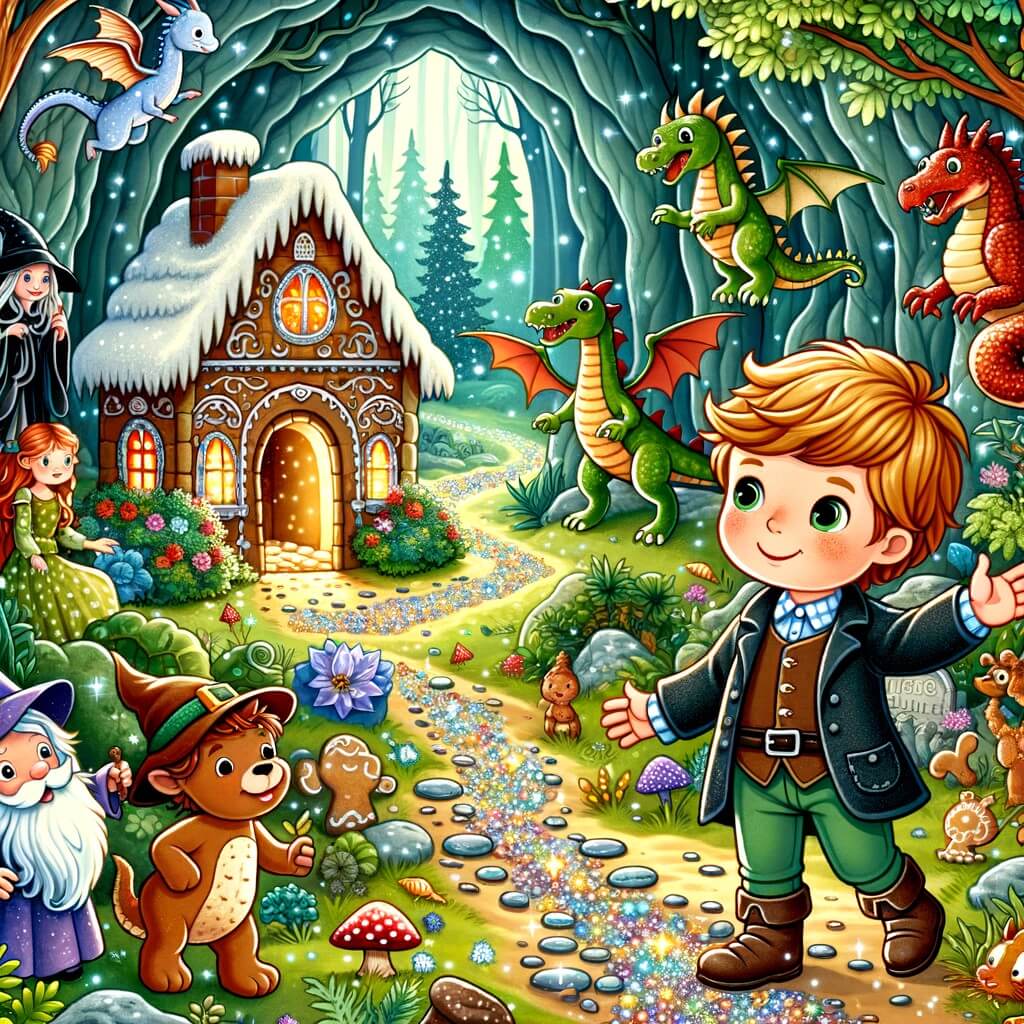 Une illustration pour enfants représentant un petit personnage malin et débrouillard qui se retrouve perdu dans une forêt mystérieuse remplie de dangers.