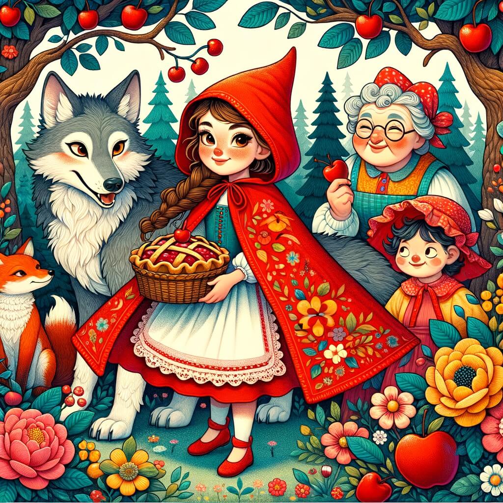Une illustration pour enfants représentant une jeune fille en cape rouge, portant une tarte aux cerises, marchant dans une forêt enchantée.
