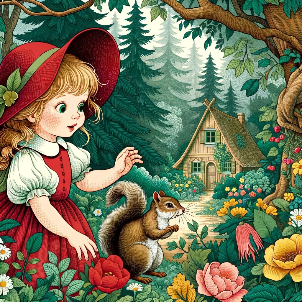 Une illustration pour enfants représentant une jeune fille au chaperon écarlate, se perdant dans une forêt enchantée, où des rencontres surprenantes l'attendent.