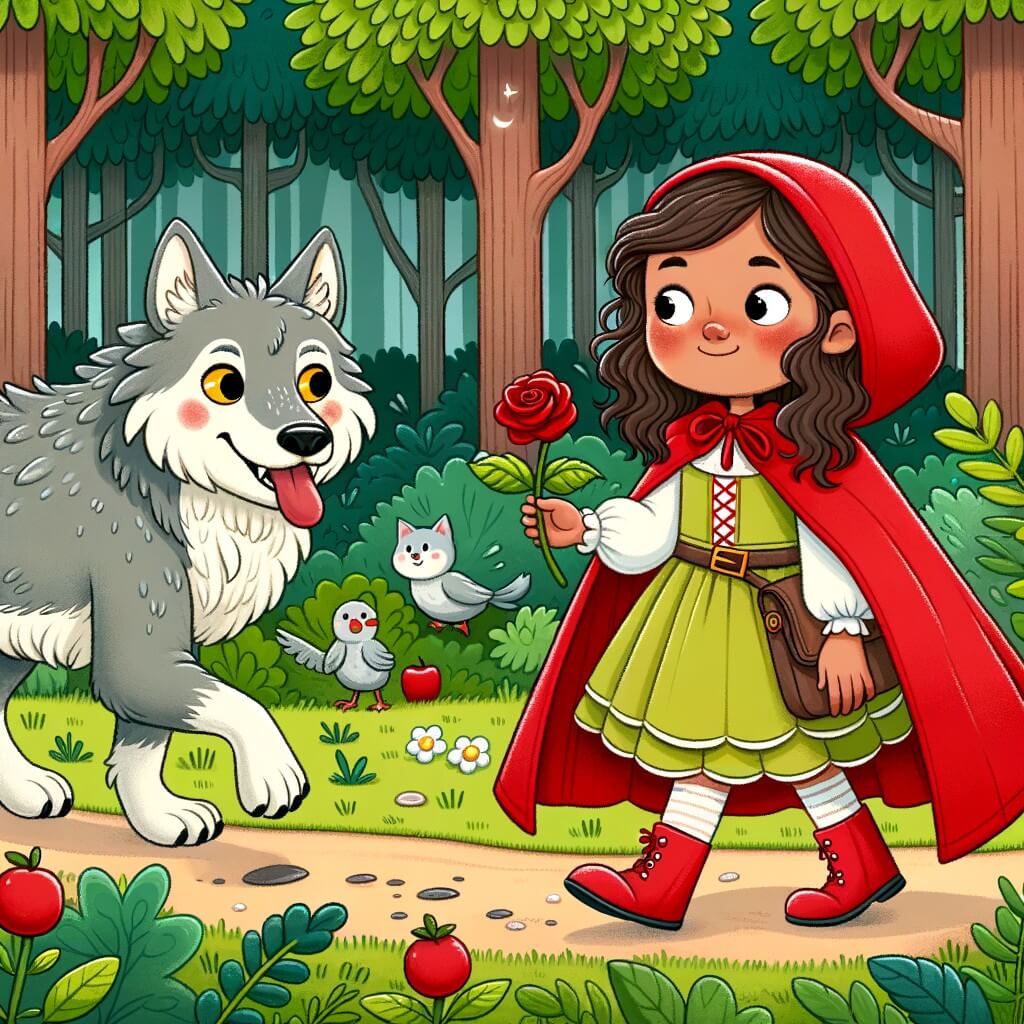 Une illustration pour enfants représentant une jeune fille vêtue d'une cape rouge, se promenant dans une forêt enchantée, où elle fera la rencontre d'un loup farfelu lors d'une quête pour trouver la fête des animaux rigolos.