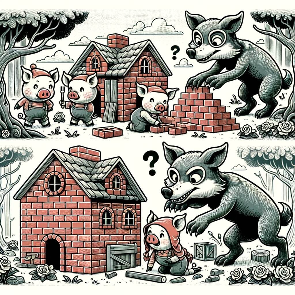 Une illustration destinée aux enfants représentant trois adorables cochons construisant leur maison en briques dans une forêt enchantée, tandis qu'un malicieux loup tente de les tromper avec des déguisements farfelus.