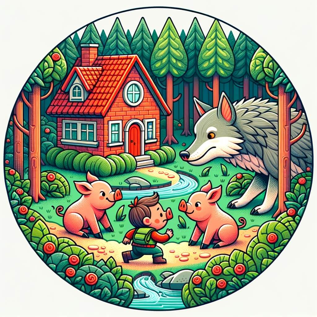 Une illustration destinée aux enfants représentant un adorable trio de cochons, se confrontant à un loup inattendu, au cœur d'une charmante petite maison en brique, entourée d'une dense forêt verdoyante.