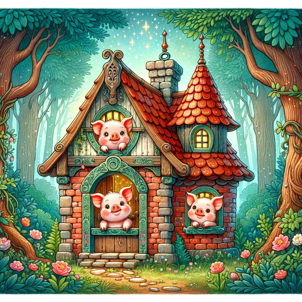 Une illustration destinée aux enfants représentant trois adorables petits cochons, se trouvant dans une charmante maison en brique au cœur d'une forêt magique où les contes de fées se mélangent et se parodient.