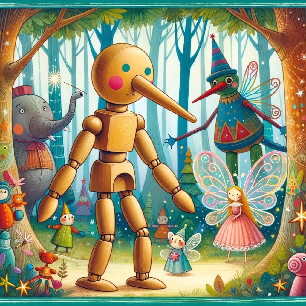 Une illustration pour enfants représentant un petit garçon en bois aux nez allongés, qui se perd dans une forêt enchantée remplie de jouets magiques.