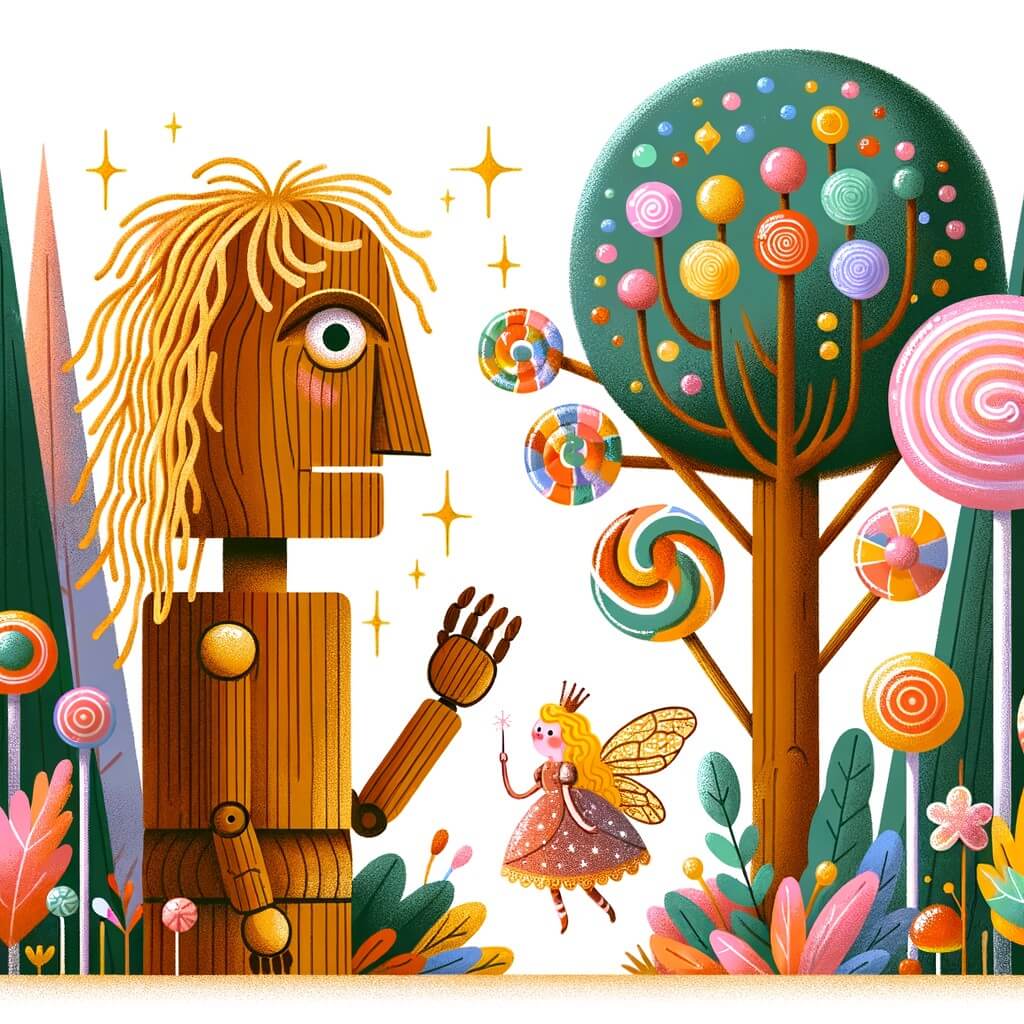 Une illustration pour enfants représentant une marionnette en bois vivante, qui rêve d'aventures et se retrouve dans un monde de jouets, où il découvre que rien n'est ce qu'il semble, au Pays des Jouets.