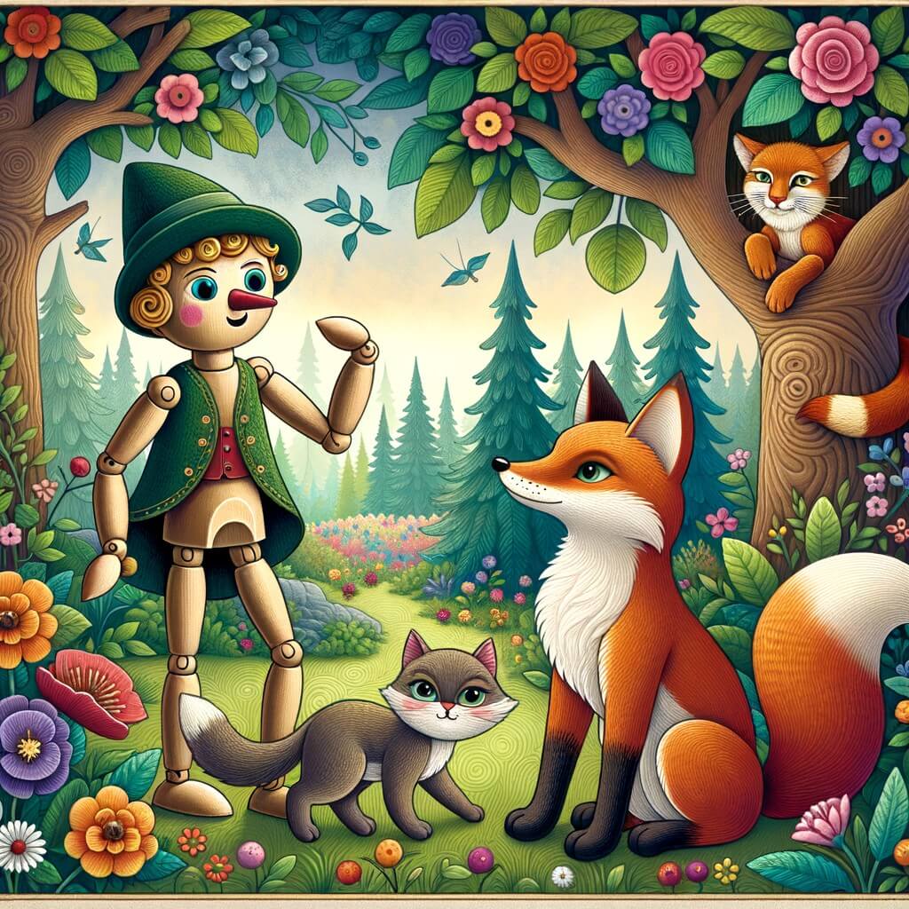 Une illustration destinée aux enfants représentant un petit pantin en bois, avec un nez qui grandit, accompagné d'un renard rusé et d'un chat sournois, dans une forêt enchantée pleine de fleurs colorées et d'arbres majestueux.