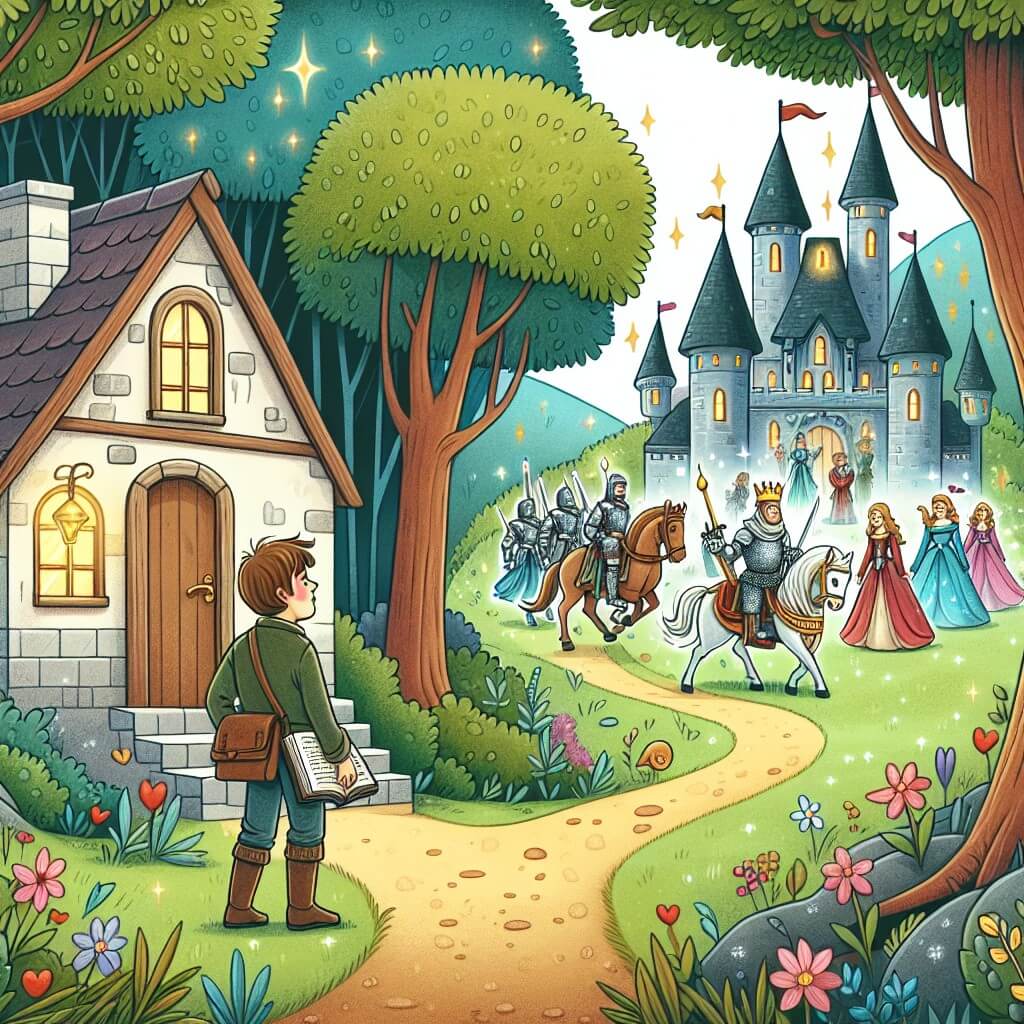 Une illustration destinée aux enfants représentant un homme solitaire vivant dans une petite maison en pierre au bord d'une forêt enchantée, découvrant un livre magique qui le transporte dans un château majestueux où il rencontre le roi Arthur, entouré de chevaliers en armure étincelante et de dames vêtues de robes chatoyantes, dans un royaume de contes de fées et de légendes.