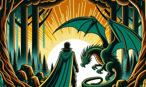 Une illustration destinée aux enfants représentant un homme courageux, vêtu d'une cape émeraude, se tenant face à un dragon majestueux, dans une forêt enchantée aux arbres gigantesques, illuminée par les rayons dorés du soleil couchant.