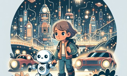 Une illustration destinée aux enfants représentant une jeune fille aventurière, accompagnée de son fidèle robot, explorant une ville futuriste étincelante de lumières et de voitures volantes.