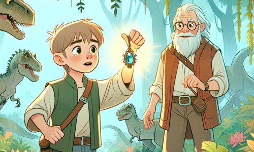 Une illustration destinée aux enfants représentant un jeune garçon intrépide, découvrant un mystérieux pendentif magique, accompagné d'un sage vieil homme, dans une forêt enchantée pleine de dinosaures et de plantes géantes.