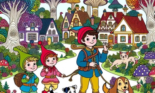 Une illustration destinée aux enfants représentant un petit garçon espiègle organisant une chasse au trésor délirante avec ses amis, accompagné d'un chien malicieux, dans le village coloré de Pomponville, entre les arbres enchantés et les maisons aux toits en forme de champignons.