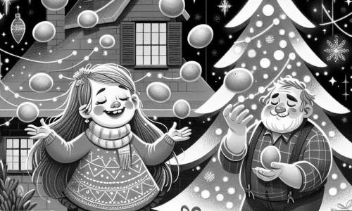Une illustration destinée aux enfants représentant une jeune fille émerveillée par une fête du Nouvel An joyeuse, jonglant avec des pommes de terre aux côtés de son père maladroit, dans une maison décorée de guirlandes scintillantes et d'un grand sapin de Noël illuminé.