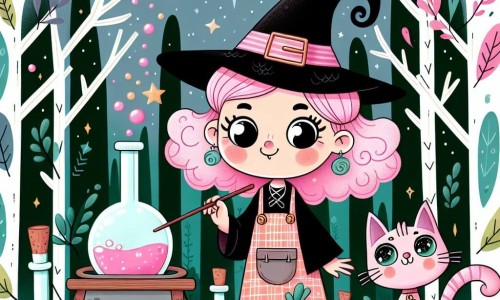 Une illustration destinée aux enfants représentant une sorcière farfelue aux cheveux roses concoctant des potions magiques dans une forêt enchantée, accompagnée d'un chat malicieux aux yeux pétillants.